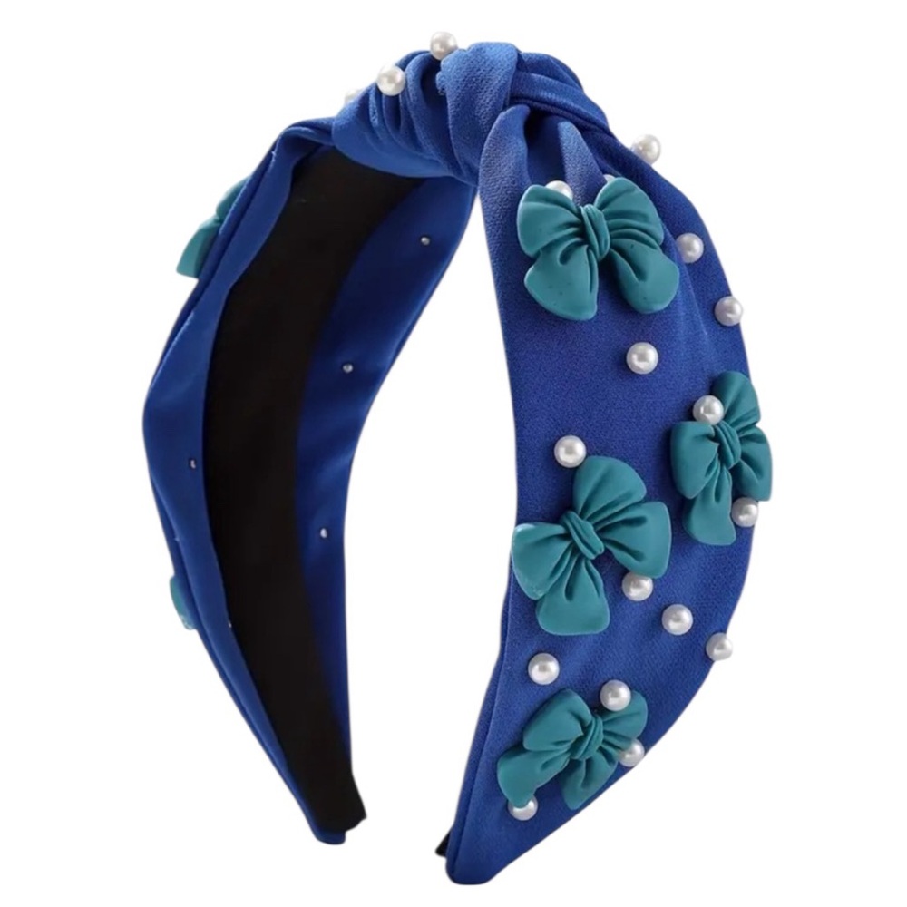 Royal Blue Faux Pearls & Bow Knot Headband - Picture 1 of 3